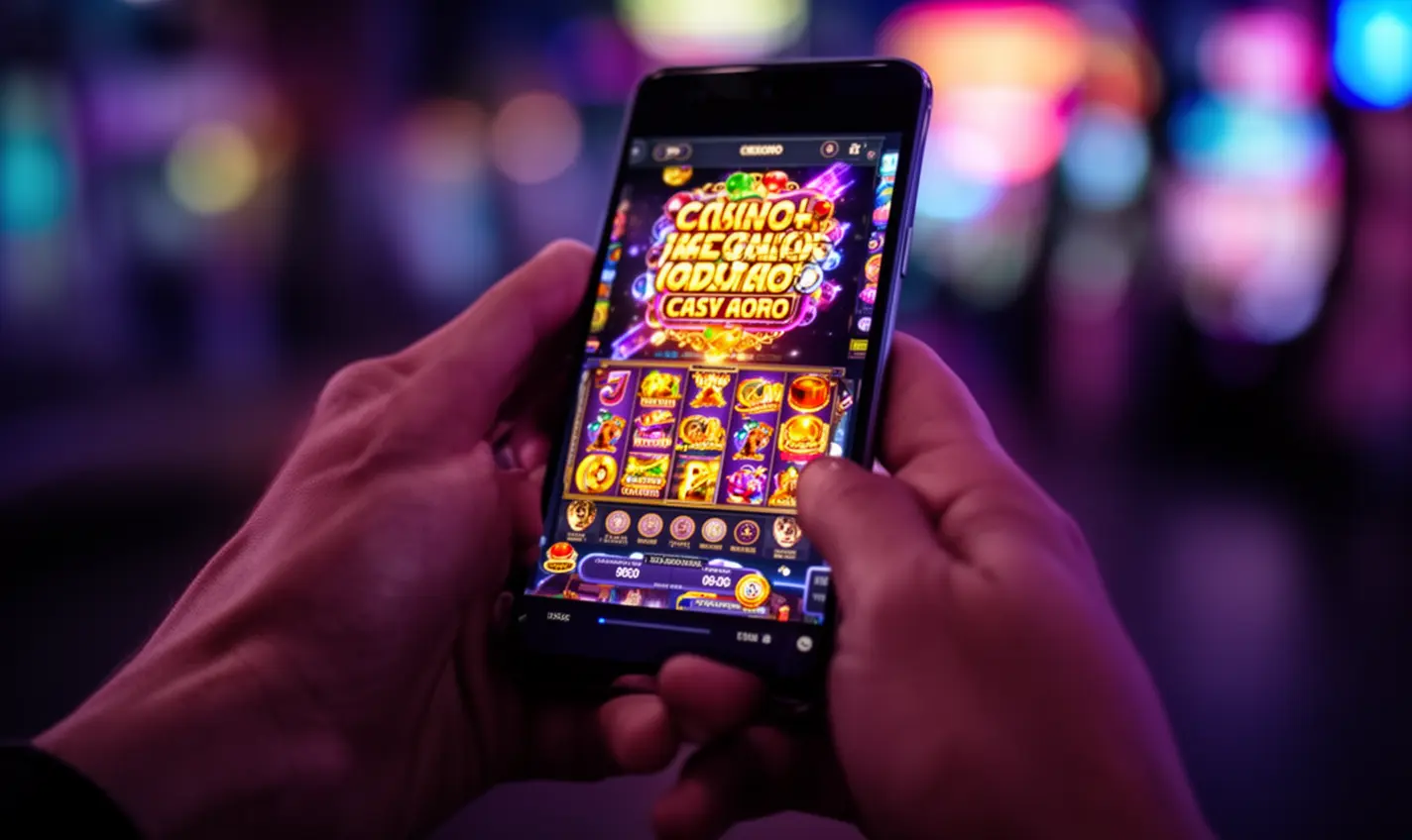 User playing digital slot games on the 64BD casino app with bright reels and neon casino style visuals on a smartphone screen