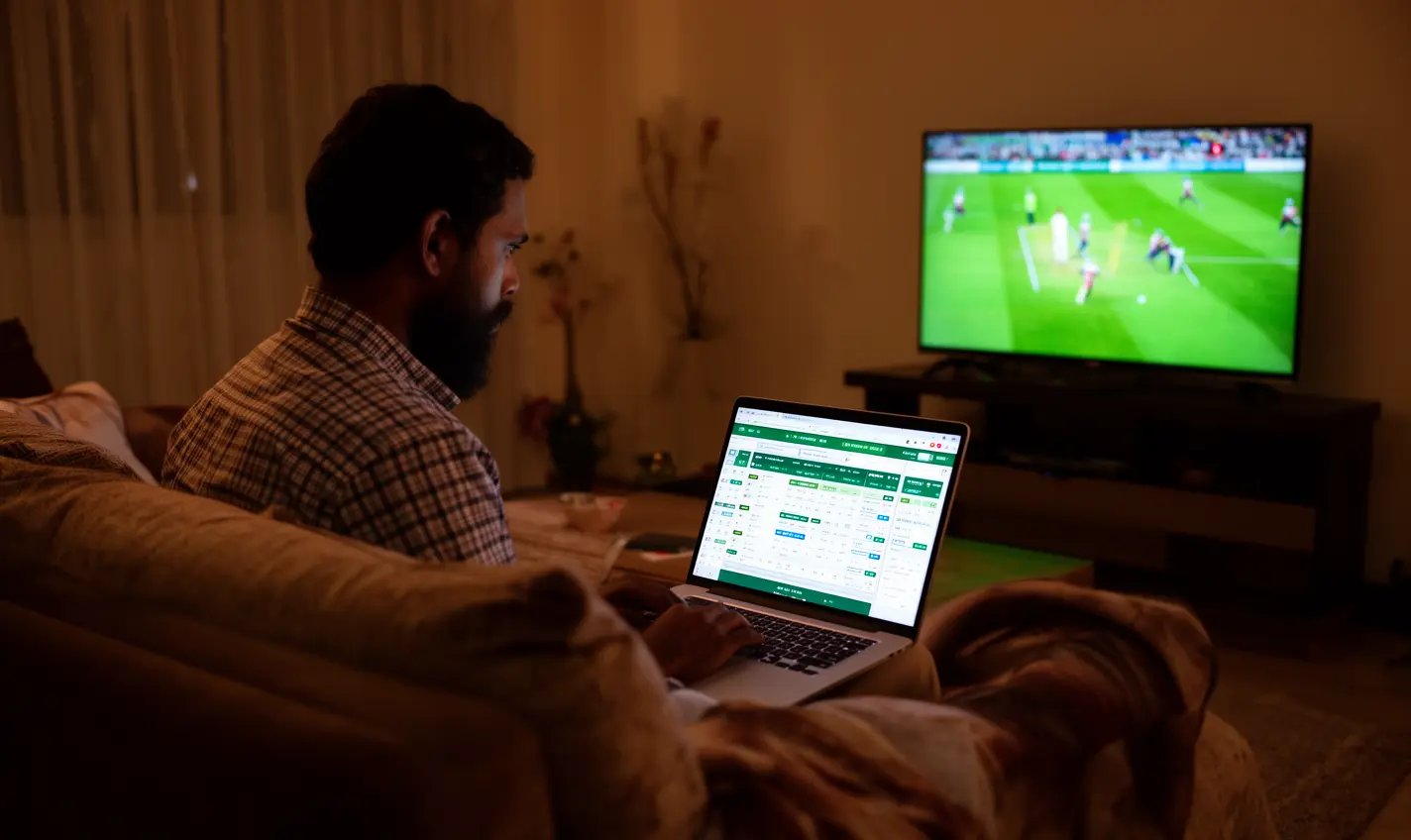 Focused Bangladeshi player using the 64BD betting platform on a laptop while watching a live cricket match on TV in a relaxed evening setting