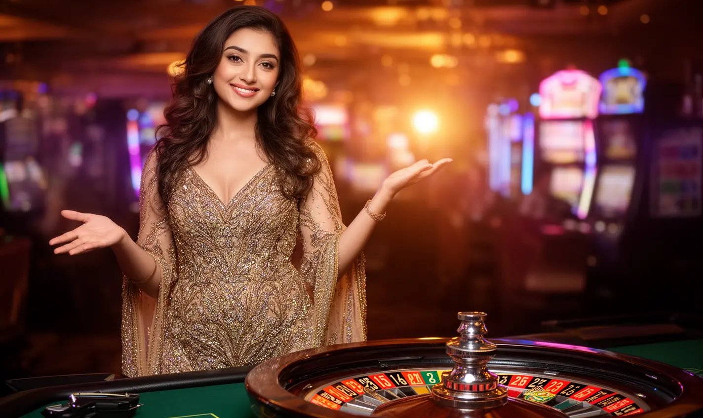 Elegant female casino dealer near a roulette table with glowing lights representing premium gaming and welcome bonuses at 64BD for players in Bangladesh