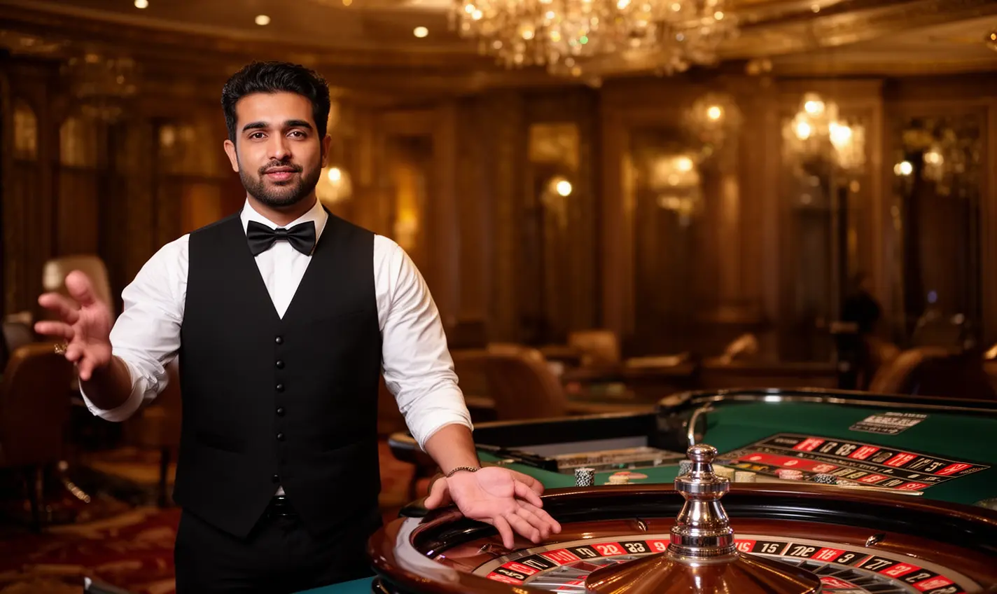 Professional live casino dealer standing beside a roulette table in a luxury studio with the 64BD logo, highlighting the premium live gaming experience for players in Bangladesh