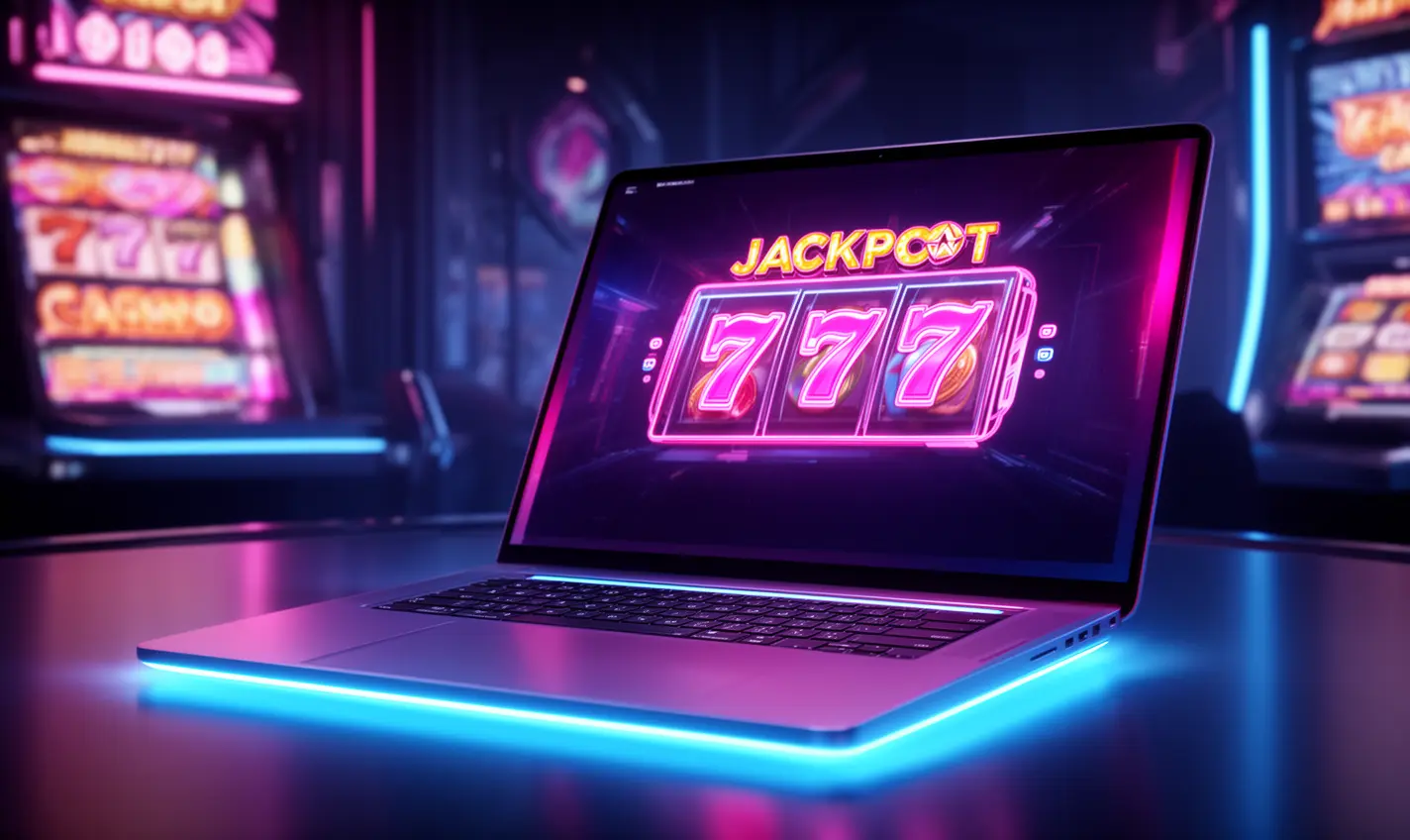 Modern laptop displaying bright jackpot 777 symbols in a neon casino scene representing immersive online gaming excitement on 64BD in Bangladesh
