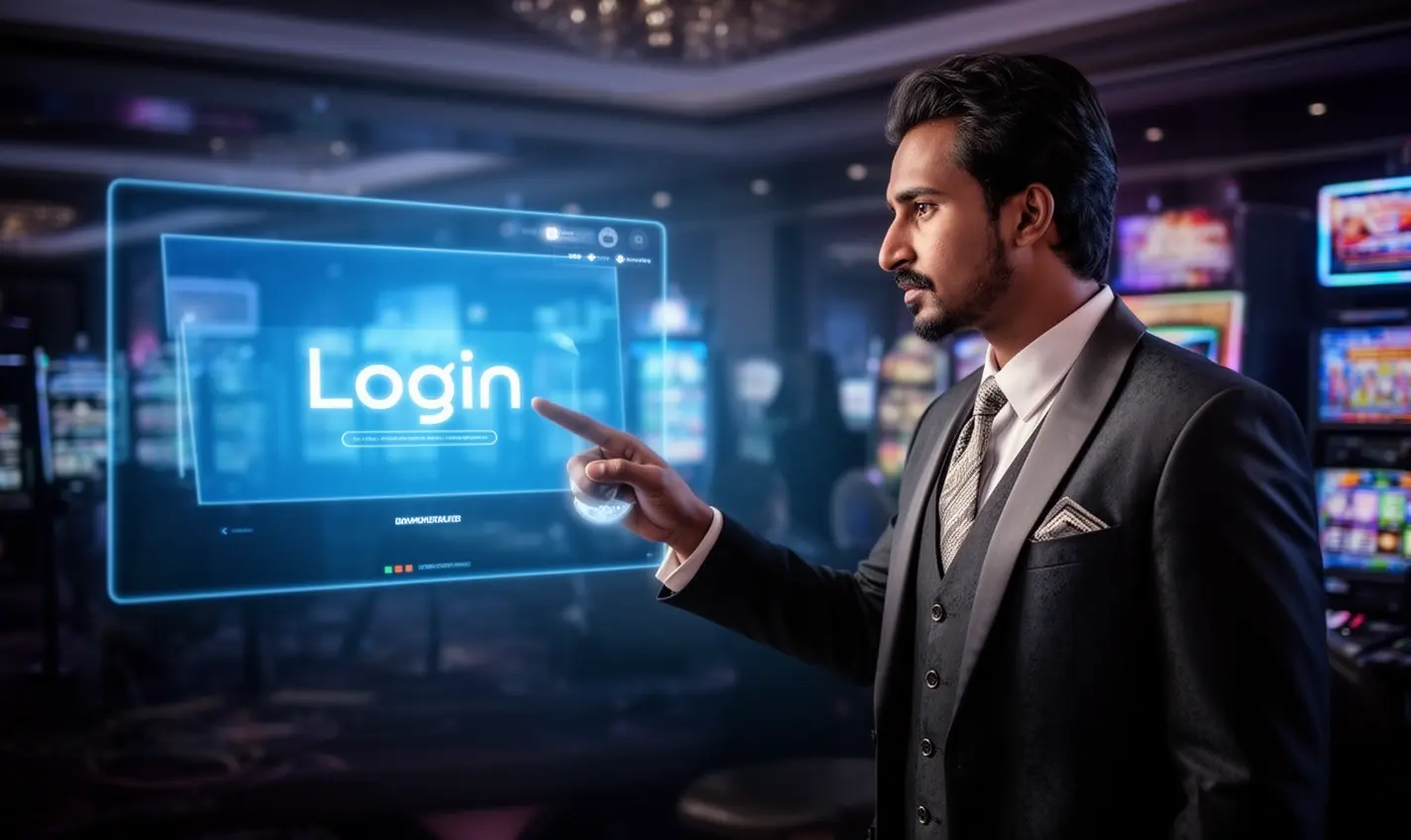 Confident Bangladeshi casino dealer pointing toward a bright login screen in a modern gaming environment representing 64BD