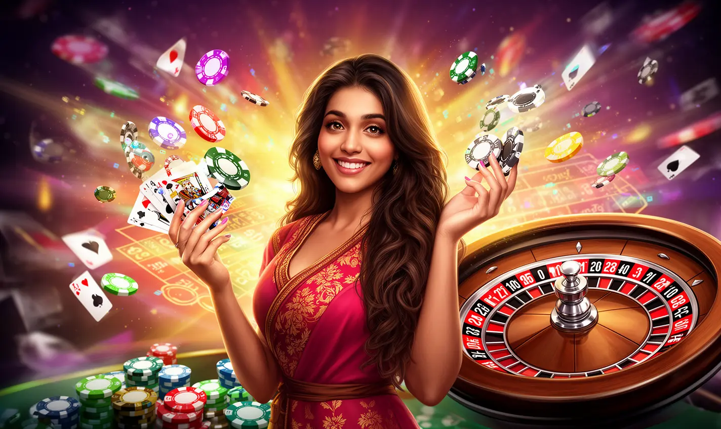 Elegant Bangladeshi casino hostess surrounded by glowing chips and a roulette wheel highlighting the premium gaming atmosphere of 64BD Casino