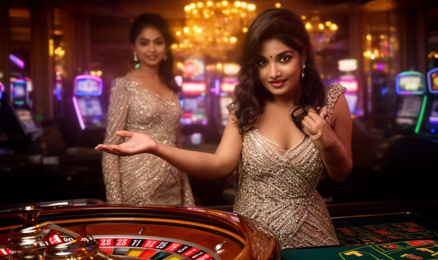 Elegant live casino hostess in a glamorous evening dress welcoming players at a roulette table in a luxury casino atmosphere at 64BD for Bangladesh
