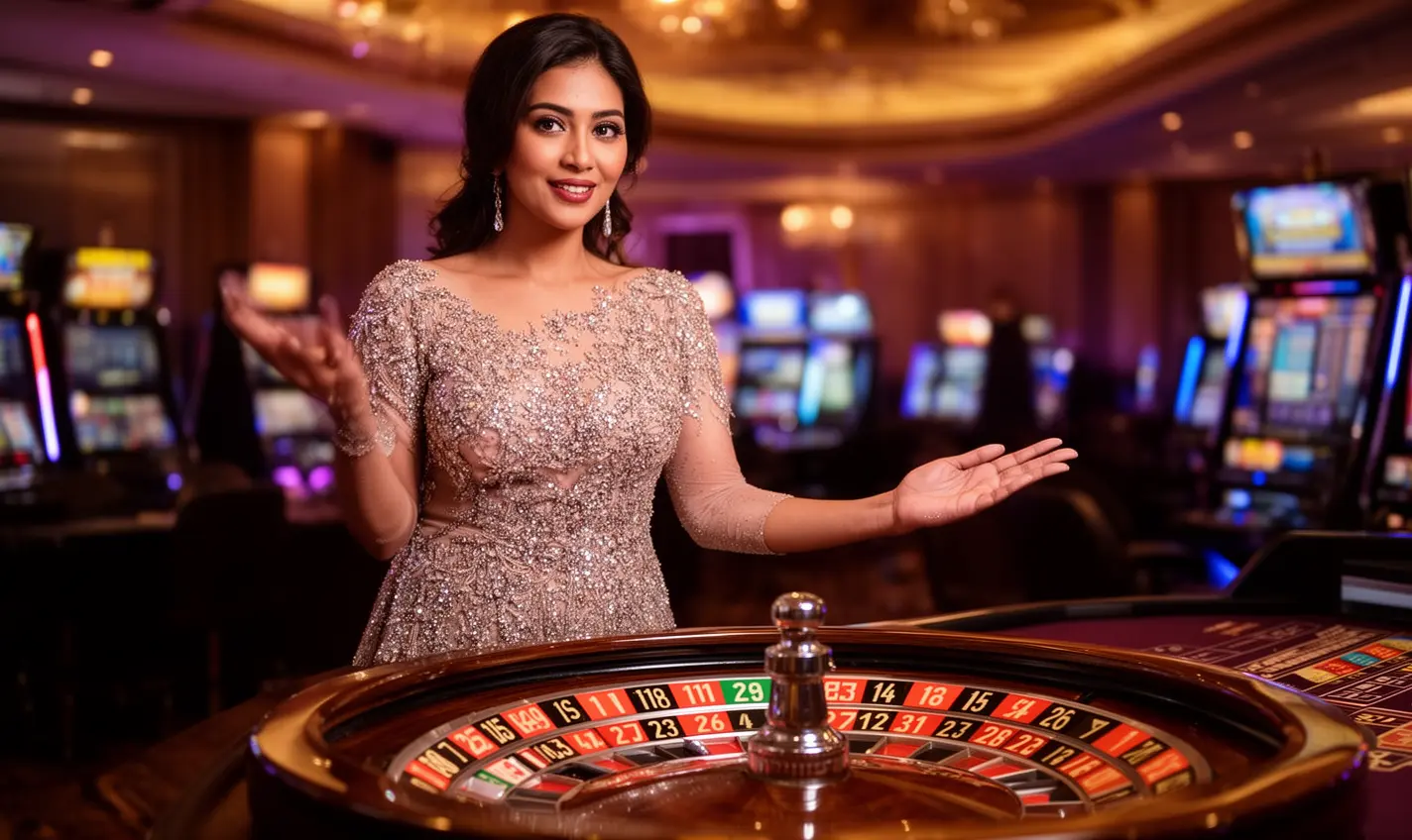 Elegant live casino dealer in a red evening dress beside a roulette wheel with bright lights creating an immersive 64BD gaming atmosphere for players in Bangladesh