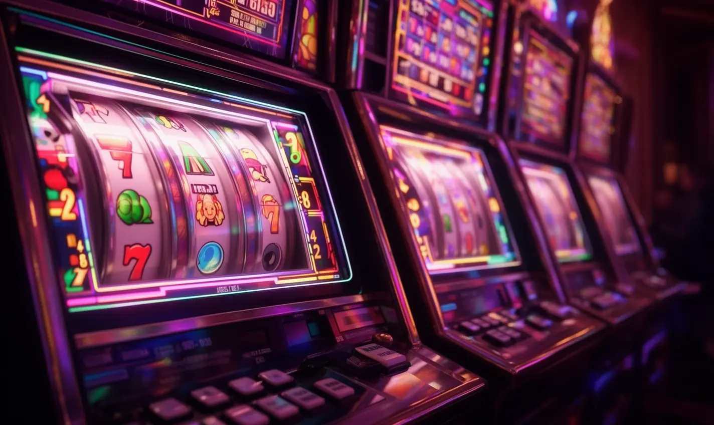 Close up view of modern slot machines with bright reels and jackpot symbols inside the immersive 64BD online casino platform for Bangladesh players